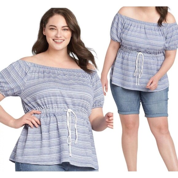 LANE BRYANT Off Shoulder Convertible Blouse Peplum‎ Top Striped Blue Plus 18/20 - Picture 1 of 14